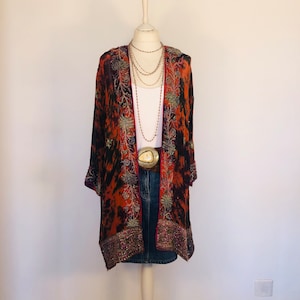Boho Tie Dyed Jacket,Sequinned Silk Kimono,Beaded Party Duster,Orange and Gold Embellished Cover Up,Holiday Wrap Robe,,Vintage Festival Coat