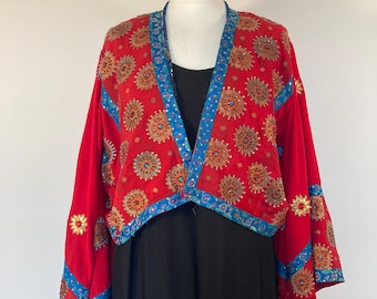 Boho Sequin Cropped Bolero Jacket: Red & Gold Beaded Sari Upcycled , Boho Hippie Style