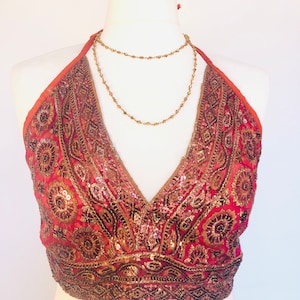 Boho Sequinned Party Top,Beaded Cropped Top,70s Disco ,Sexy Red Top,Hippie Bra top,Halter backless,Ibiza Holiday,Unique Bikini Top
