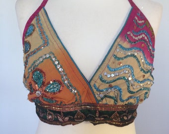 Boho Cropped Top ,Unique Sequinned Crop Top ,One of a KInd,Glitter Party Bralette,Goddess Silk Bra,Halter neck Disco Top