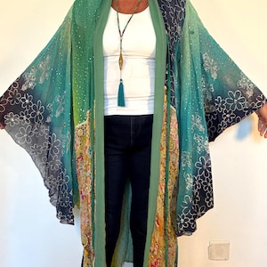 Floral and Silver Sequin Long  Robe ; Boho Beaded Duster Kimono