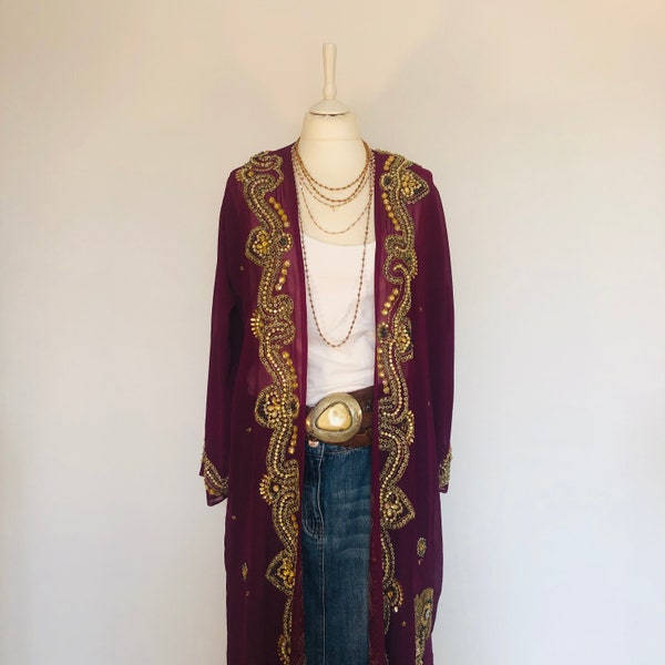 Boho Purple Sequinned Jacket,Unique Long Kimono,Goddess Party Robe,Beaded Jacket,Gold Embellished Duster,Festival Coat,Hippy Cover Up