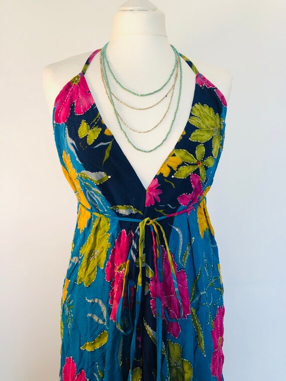 hippy cocktail dress HAUTE HIPPIE| Cocktail Dress Hi-Low Hem Silk Cowl Open Back Floral Boho Fairy| M