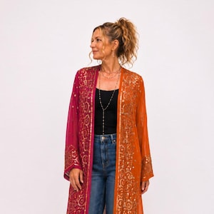 Boho Gold Sequinned Kimono,Beaded Evening Robe,Floaty Chiffon Cover Up,Unique Party Jacket