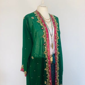 Boho paljettkimono: Smaragdgrön lång broderad duster, handgjord chiffongmorgonrock