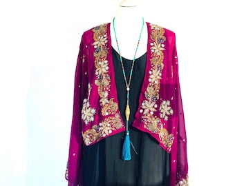 Boho Beaded Bolero Jacket: Vintage Fabric Upcycled into Cropped Sequin Shrug