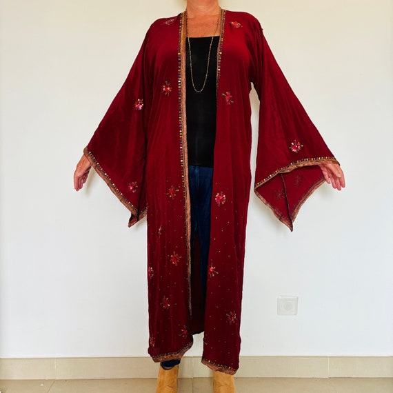 Boho Kimono Jacke,Wein Seide Kimono,Verziert 70er Jahre Hippy