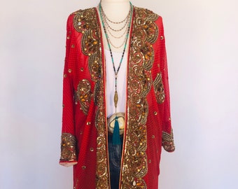 Boho Vintage Party Jacket,Long Orange Sequinned Kimono,Beaded Duster,Boho Wedding,One of a Kind Festival Cover Up,Unique Evening Jacket