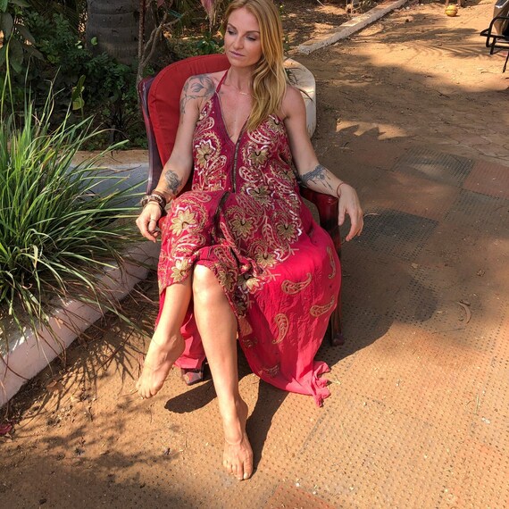 Boho Vintage Silk Dress Bohemian Halter Neck Sequinned Maxi Dress