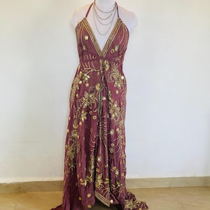 Boho Sequinned Maxi Dress,Vintage Evening GownBackless Dress,Beaded Halterneck Dress,Gold Embroidery Party Dress,Handmade Holiday Dress