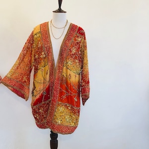 Boho Vintage Gold Jacket, Beaded Lined Kimono,Sequinned Party Robe,Bell Sleeves,Evening Glitter Duster,Festival Coat,Hippy Chic Cover up