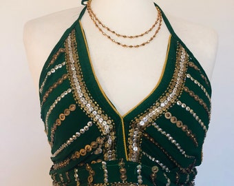 Boho Party Top,Embroidered Top,Cropped Top,Gold Glitter Top,Goddess Bra Top,Hippy Festival Bralette,Halterneck Beach Holiday Top