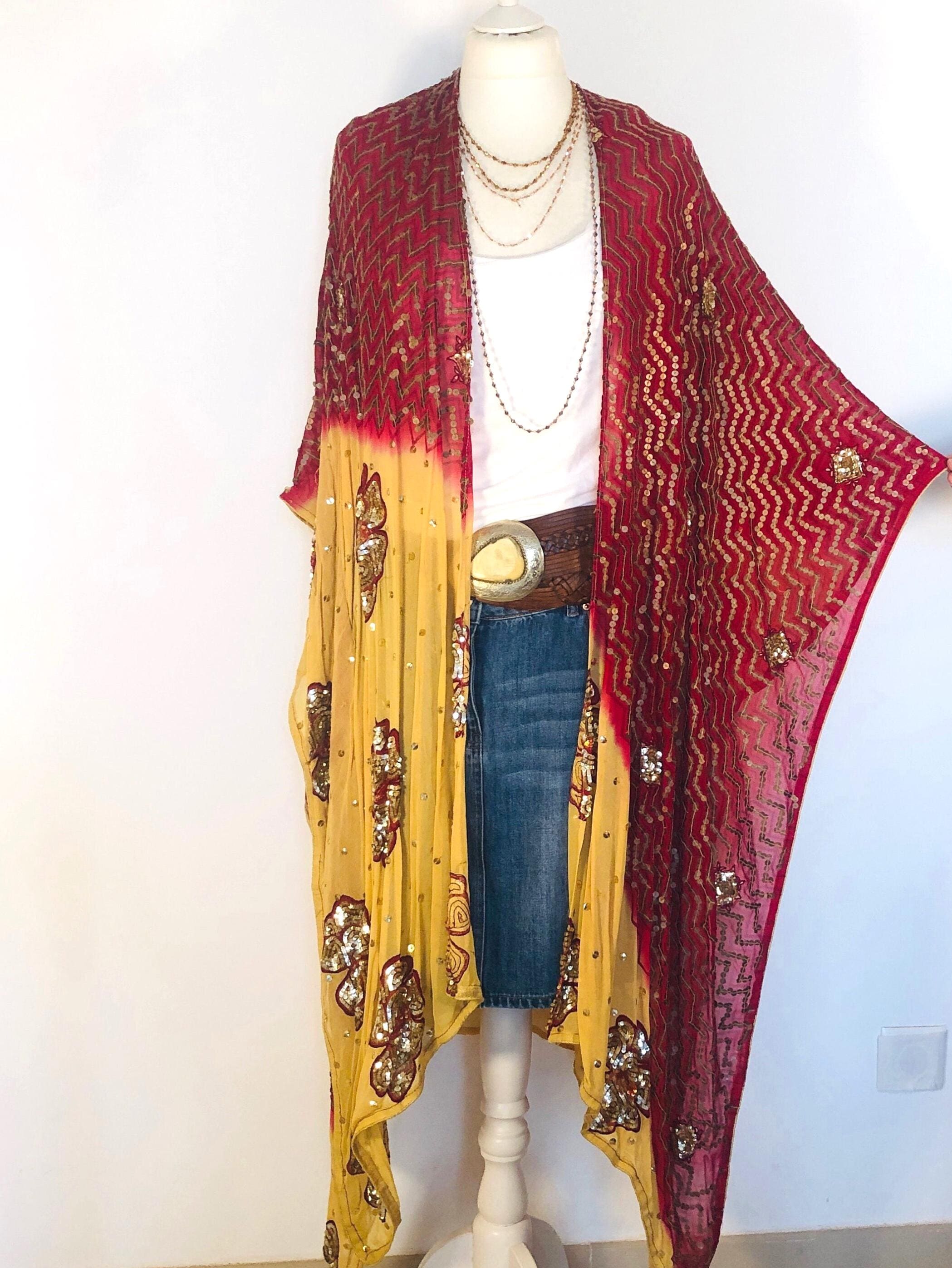 Long Boho Sequinned Kimono,Gold Embroidered Party Jacket,Beaded Silk Robe,Vintage Duster,Evening Cover Up,Unique Hippy Wrap,