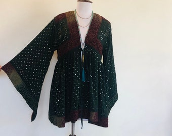 Boho Vintage Jacke,Perlen Wickelkleid,Verziertes Top,Pailletten Party Duster,Bestickter Gehrock,Boho Kleid,Hippie Jacke,Unikat,