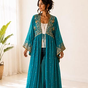 Boho paljettpärlad kimonojacka: Vintage hippie kvällsfest omlott, blågrön, guld- och silverbroderad dammkåpa