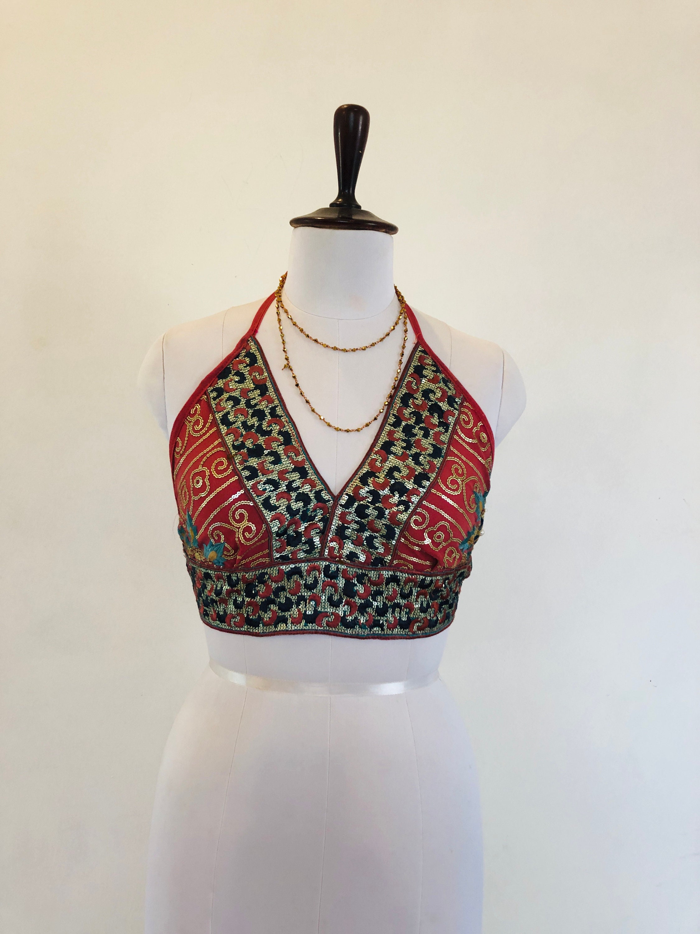 Boho Beaded Top,Coral and Gold Bra,Unique Sequinned Cropped Top,Sexy Glitter Top,Bralette,Goddess Halterneck,Hippy Top,Ibiza Holiday.