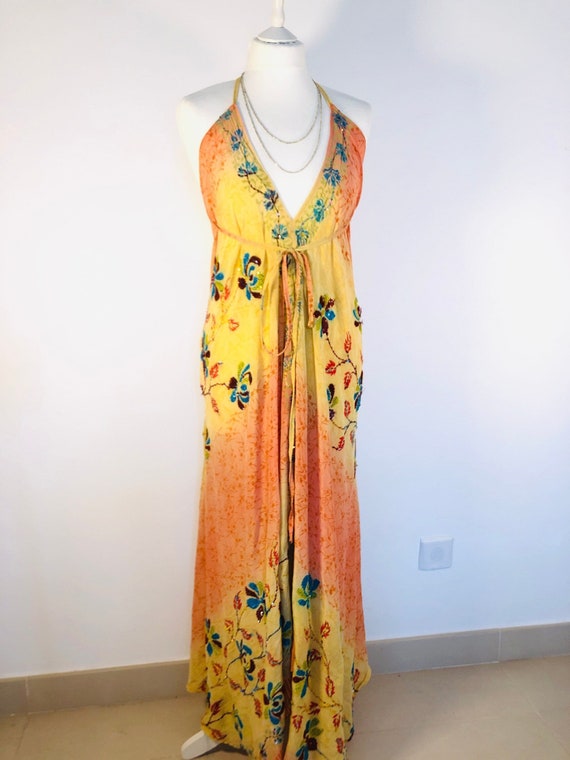 Sequin Halterneck Silk Maxi Dress: Orange Floral Boho Holiday