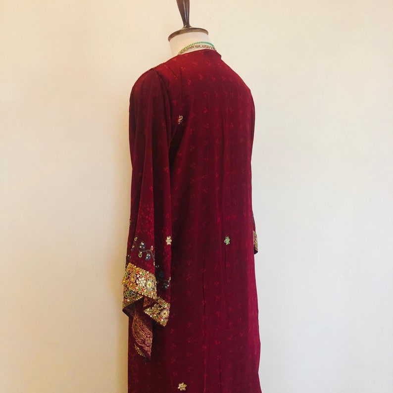 Boho Wine Silk Kimono: Long Sequin Beaded Vintage Duster Robe ; Unique ...