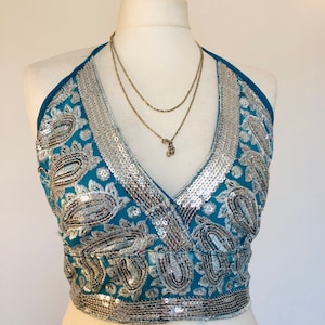 Boho Disco Sequined Top,Glitter Party Cropped Top,Sexy Silver Top,Goddess Bra Top,Hippy Festival Bralette,Halterneck Beach Holiday Top