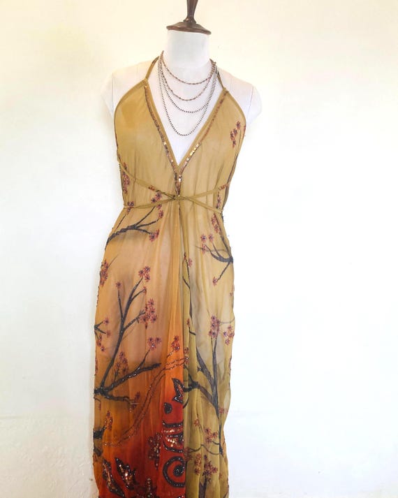 Boho Sequin Maxi Dress: Handmade From a Vintage Sari ,Gold Beaded Halterneck Evening Gown