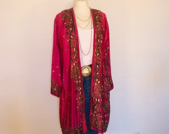 Boho Sequinned Pink Jacket,Gold Glitter Duster,Beaded Silk Cardigan ,Vintage Kimono,Handmade Robe,Unique Embellished Wrap