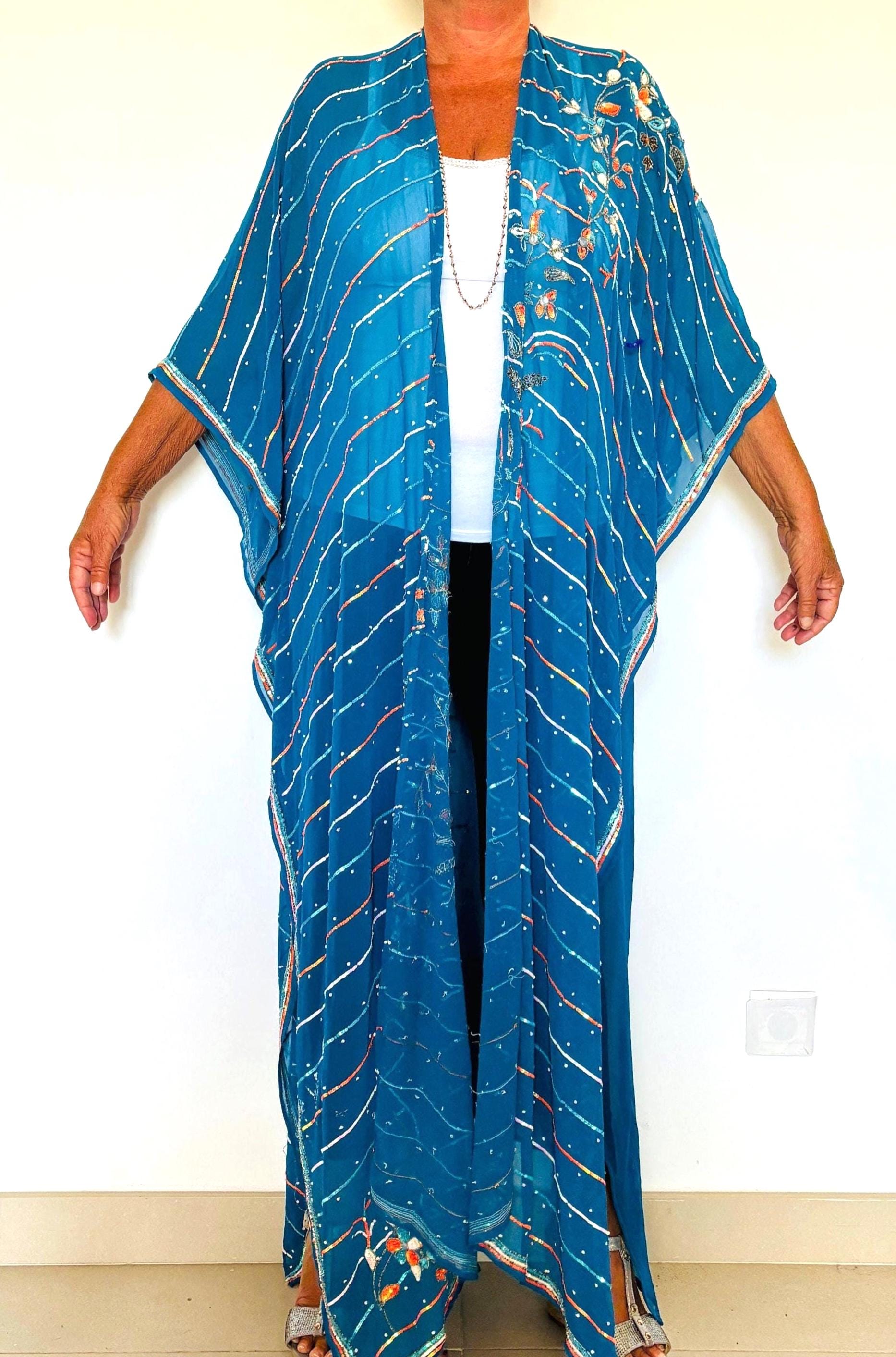 Boho Beaded Kimono Jacket: Turquoise Embroidered Vintage Robe,long ...