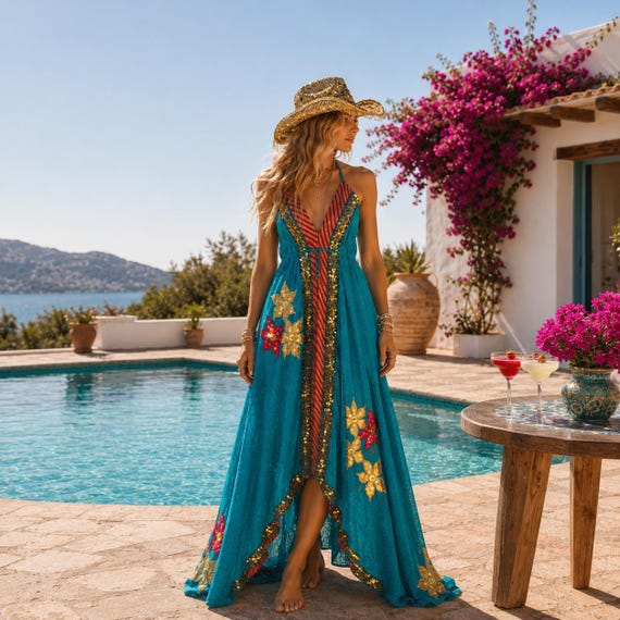 boho embellished dress Sequin Maxi Dress: Ibiza Tropical Resort Wear,embroidered Halterneck Party Ibiza Maxi Luxe Dress selffabric_lining Relaxed sleeves for an Size:US 14.5-15/UK 14
