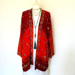 Boho Handmade Embroidered Kimono,Orange Beaded Party Duster,Unique Gold Sequinned Robe,Glitter Festival Cover Up,Vintage Evening Jacket