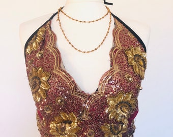 Boho Beaded Cropped Top,Sexy Gold Glitter Top,Gypsy Goddess,Hippie festival bra top,Halter backless,Ibiza beach,holiday ,pool party top