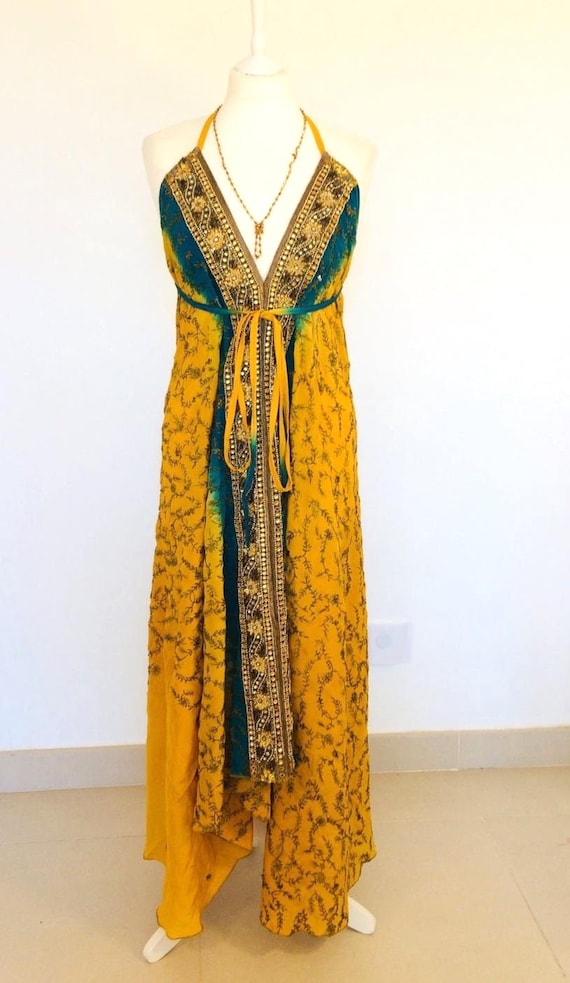 Boho Sequin Beaded Silk Maxi Dress: Vintage Indian Sari Fabric, Halterneck Evening  Gown - Etsy