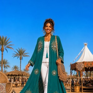 Boho Green Gold Sequinned Kimono Jacket,Beaded Silk Duster Cover Up,Gold Embellished, One of a Kind Evening Robe