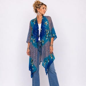 Boho Ibiza Style Wrap Duster with Sequins;One of a Kind Blue & Silver Kimono Jacket