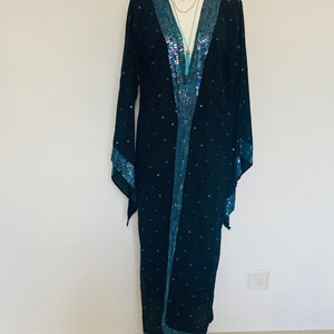 Boho Sequinned Kimono,Black Beaded Evening Jacket,Embroidered Robe,Bell Sleeves,Embellished Bellted Duster,70s Disco,Long Festival Cover Up