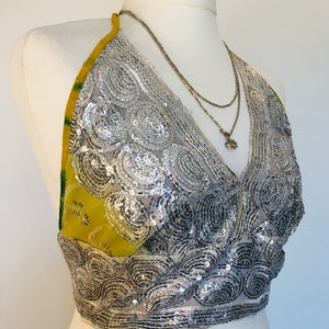 Boho Sequinned Party Top,Beaded Cropped Top,Sexy Silver Top,Unique Goddess Top,Pool Party,70s Disco,Hippie Top,Halter backless,