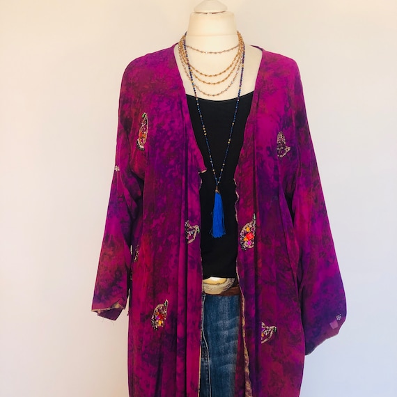 Boho Lange Lila Jacke, Gefärbt Bestickter Kimono, Handgefertigter