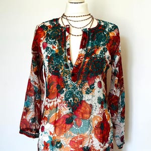 Boho Long Silk Top,Embroidered Hippie Tunic,Floral Blouse,Embellished Kaftan,Loose Floaty Chiffon Cover Up Gifts for Her.
