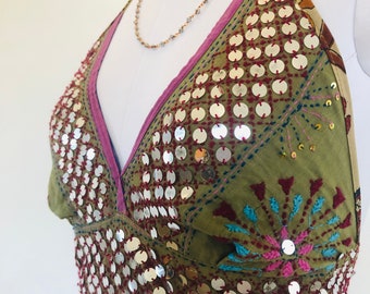 Unique Party Top,Sequinned Cropped Top,Handmade Glitter Bralette ,Sexy Beach Bikini,Halter neck,70s 80s Disco Top,One of a Kind.