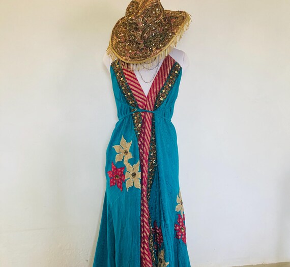 Boho Sequin Maxi Dress: Embroidered Vintage Indian Sari, Halterneck Party Dress