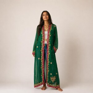 Boho Sequin Kimono: Emerald Green Long Embroidered Duster, Handmade Chiffon Robe