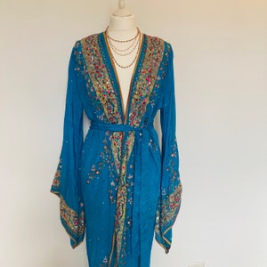 Boho Sequinned Kimono,Beaded Party Jacket,Turquiose and Gold Embroidered Robe,Bell Sleeves Wrap, Embellished Duster,Long Festival Cover Up