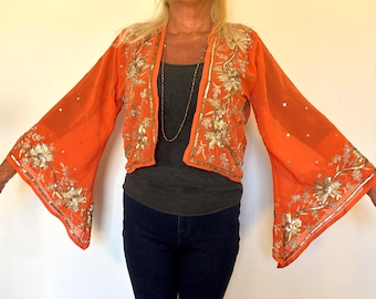 Boho Beaded Bolero Jacket: Coral with Gold Sequins, Crystal Embellished Evening Shrug
