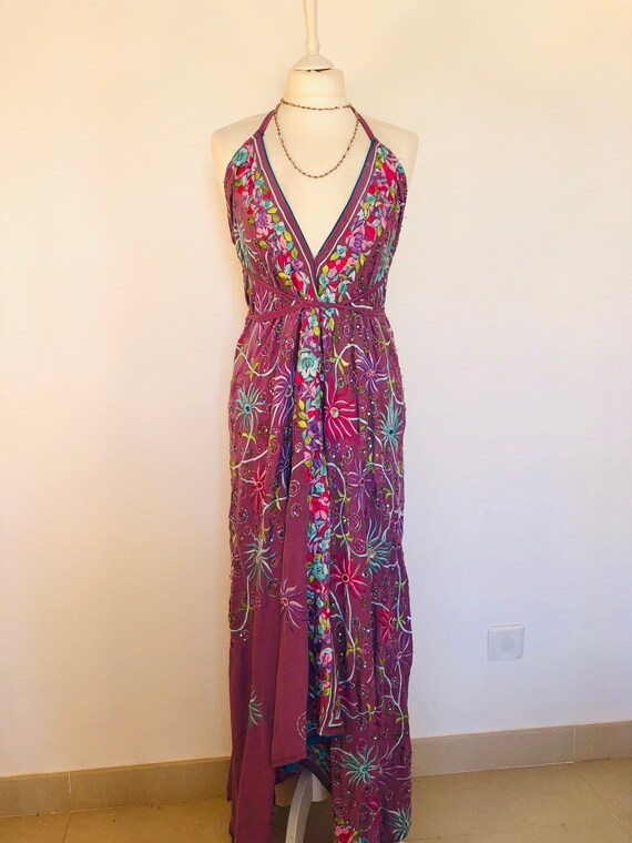 Boho Embroidered Sequin Halter Dress: Vintage Sari Fabric Handmade Into A Maxi Dress