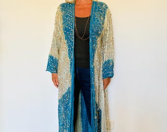 Boho Beaded Sequin Kimono: Vintage Sari Fabric, Long Embroidered Hippie Duster