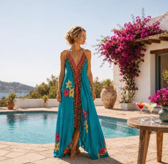 Boho Sequin Maxi Dress: Ibiza Tropical Resort Wear,Embroidered Halterneck Party Dress