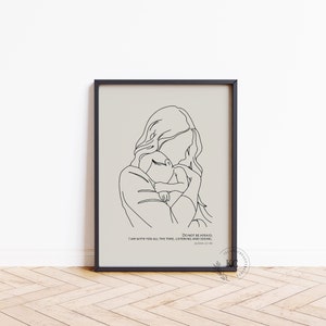 Puede incluir: Un dibujo en blanco y negro de una mujer sosteniendo a un niño. El texto "NO TEMAS. YO ESTOY CONTIGO TODO EL TIEMPO, ESCUCHANDO Y VIENDO. CORÁN 20:46" está debajo del dibujo.