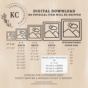 May include: Digital download graphic design print sizes chart with a mountain landscape illustration. The chart shows different aspect ratios and corresponding print sizes in inches. The chart also includes international paper sizes in millimeters. The text "DIGITAL DOWNLOAD" and "NO PHYSICAL ITEM WILL BE SHIPPED" is at the top of the chart.