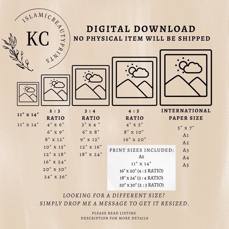 May include: Digital download graphic design print sizes chart with a mountain landscape illustration. The chart shows different aspect ratios and corresponding print sizes in inches. The chart also includes international paper sizes in millimeters. The text "DIGITAL DOWNLOAD" and "NO PHYSICAL ITEM WILL BE SHIPPED" is at the top of the chart.