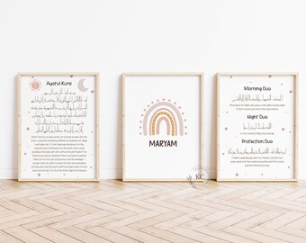 May include: Three framed prints in a light pink and brown colour scheme. The centre print features a rainbow with the name "MARYAM" underneath. The print on the left features Arabic text and the words "Ayatul Kursi". The print on the right features Arabic text and the words "Morning Dua", "Night Dua", and "Protection Dua".