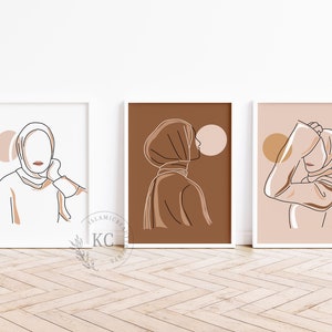 Islamic Digital Print – Hijabi Line Art Set of 3 | Boho Muslim Wall Art | Brown, White & Peach Tones | Hijab Artwork | Instant Download