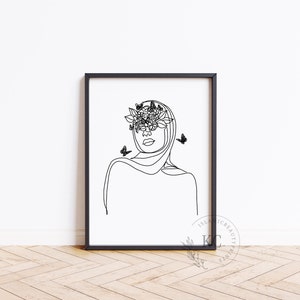 Islamic Digital Print – Minimalist Line Art of Hijabi Woman | Elegant Muslim Wall Art | Modern Hijab Illustration | Instant Download